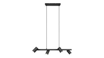 Minimalistische zwarte hanglamp van metaal met vier verstelbare lichtbronnen.