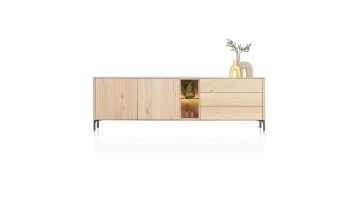 Dressoir Trenton in naturelkleurig eikenfineer met ledverlichte niche en metalen onderstel.