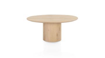 Salontafel Trenton in naturel eikenfineer met ronde vorm en centrale poot.