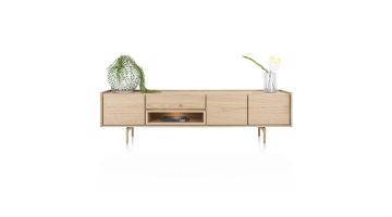 Lowboard Valgard van eikenfineer met ledverlichting, vooraanzicht