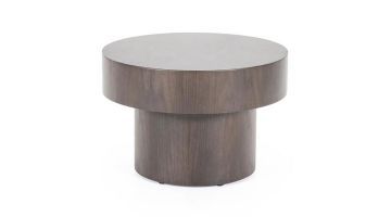 Bruine bijzettafel Bobbie van Eleonora bestaat uit een ronde cilindervoet met hierop een een grotere cilinderschijf.