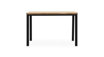 Rechthoekige bartafel met een natuurlijk houten tafelblad en zwart metalen poten, geschikt voor een moderne keuken of eetruimte.