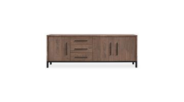 Houten dressoir Ricardi met drie laden en drie deurtjes, gemaakt van donker mangohout met metalen handgrepen.