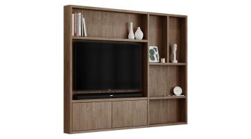 Flatbox Duo wandmeubel in houtdecor met open vakken, maatwerk tv-nis en twee kleppen onder de televisie.