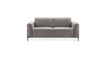 2,5-zitsbank Aveiro in grijze stof met leerlook, vooraanzicht met sierkussens.