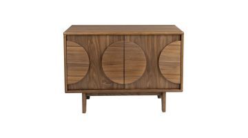 vooraanzicht van een houten dressoir uit de collectie zuiver met twee deuren, versierd met grote ronde patronen, uitgevoerd in een natuurlijke houtkleur en ondersteund door slanke poten.
