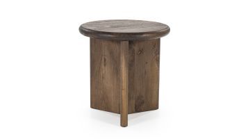 Ronde bijzettafel Leoti Small met donkerbruin houten tafelblad en stevige driehoekige poten.