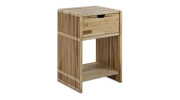 Nachtkastje Zusow van massief hout met open plank en lade, minimalistisch design.