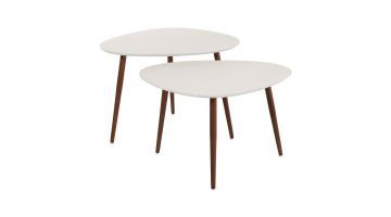 Driehoekige salontafel set van marmer composiet met bronzen stalen poten, strak en modern design.