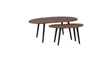 Twee houten salontafels met donkerbruin blad en afgeronde zwarte poten, een stijlvolle en ruimtebesparende salontafelset.