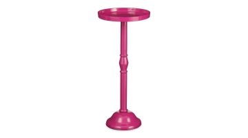 Fuchsia-roze bijzettafel met rond blad en elegante, sierlijke poot in het midden.