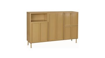 Vooraanzicht van de mosterdgele Ottawa kast van New Routz, met vier deuren en een open vak.