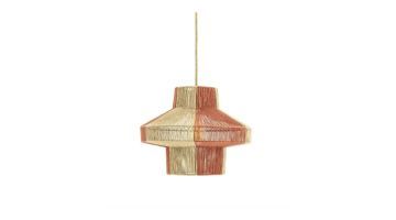 Hanglamp van de zijkant gezien, gemaakt van gevlochten touw in beige en terracotta, met een symmetrisch geometrisch patroon.