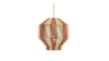 Gestreepte hanglamp van gevlochten touw in terracotta en beige kleuren, met een geometrisch ontwerp en een octagonale vorm.
