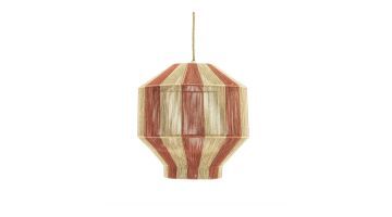 Gestreepte hanglamp van gevlochten touw in terracotta en beige kleuren, met een geometrisch ontwerp en een octagonale vorm.