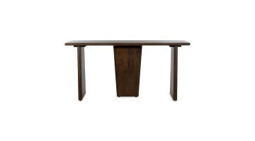 Donkerbruine wandtafel Lagos van gelakt mangohout, met een centrale poot voor extra stevigheid, frontaal perspectief.