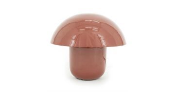 Een close-up van een glanzende, roestbruine paddenstoelvormige tafellamp tegen een witte achtergrond, die de eenvoud en het opvallende ontwerp benadrukt.
