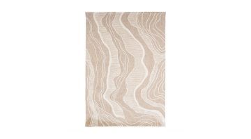 Vloerkleed met een organisch patroon van golvende lijnen in aardetinten, ideaal voor een modern of bohemien interieur.