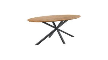 Eettafel Romaro van Pronto Wonen – ovalen  teak tafel met een robuust houten blad en een metalen spinpoot in zwart.