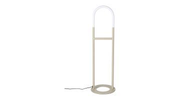 Een moderne vloerlamp met een U-vormig bovenstuk, minimalistisch ontwerp in beige kleur, met een ronde basis.