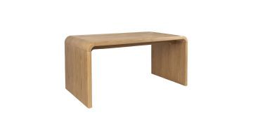 Zijdelings beeld van de Zuiver Brave eettafel, met afgeronde hoeken en een houten afwerking.