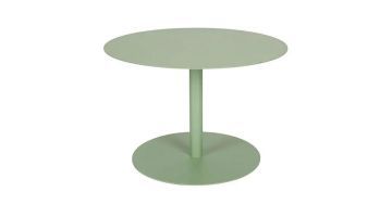 Ronde salontafel Zuiver Snow in de kleur Desert Sage met centrale poot en platte voet.