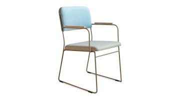 Eetkamerstoel Limo van NOGA Design met blauwe rugleuning, stalen frame in taupe, en een gestoffeerde zitting.