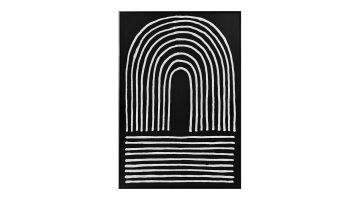 Zwart-wit wanddecoratie Arch – Groot rechthoekig schilderij met een zwart canvas en witte, verhoogde lijnen in een boogvormig patroon.
