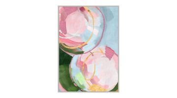 Abstract schilderij "Pink Circles" van Ter Halle met roze, blauwe en groene tinten, afgewerkt met goudfolie accenten.