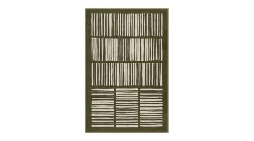 Canvas wanddecoratie 'Stripes' van Ter Halle, 80x120 cm, met een abstract patroon van witte verticale en horizontale strepen op een mosgroene achtergrond, omlijst in een lichte houten lijst.