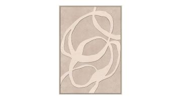 Canvas Happy Stripes met abstracte witte lijnen op een beige achtergrond, omlijst in een minimalistische lijst.