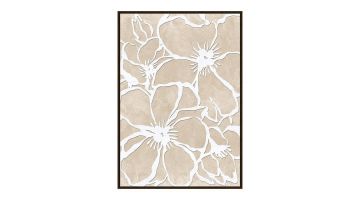 Canvas Flowers met beige en witte bloemen, gemaakt van canvas en foam, inclusief minimalistische lijst.