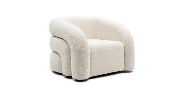 Draaibare fauteuil Vittorio met zachte bouclé stof en elegante rondingen, perfect voor een moderne, luxe uitstraling.