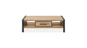 Salontafel Mantera in mango melamine met zwart metalen frame, één lade en twee open vakken.