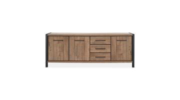 Dressoir Mantera in dark Mango met zwart metalen frame, voorzien van 3 deuren en 3 laden, 240 cm breed.