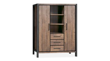 Opbergkast Mantera in dark mango melamine met massief hout uitstraling, zwart metalen frame, 2 deuren, 3 laden en 3 open vakken.