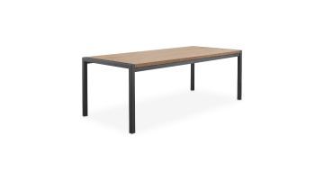 Eettafel Mantera met melamine blad in dark mango, zwart metalen frame, geschikt voor zes personen.