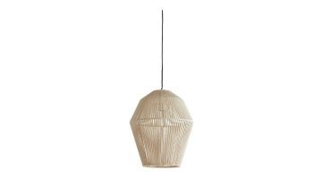 Hanglamp Handia met geometrisch design en beige touw, aan een zwart snoer.