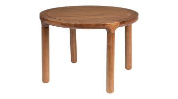 Salontafel Storm van Zuiver, gemaakt van essenhout en gelakt in walnoothoutkleur, met een rond blad en stevige poten.