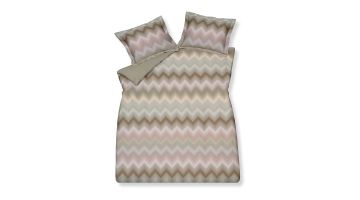 Het Ziggy Thyme dekbedovertrek met twee slopenvan Vandyck heeft een subtiel zigzagpatroon in groen, roze, bruin, wit en beige.