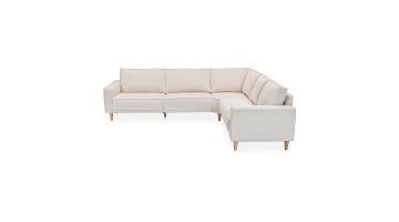 Mors hoekbank in beige stof met houten poten, vooraanzicht.