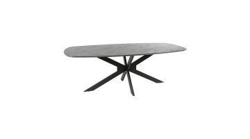 Ovale eettafel Deens van Zijlstra Meubelen met een zwart marmerlook blad en opvallend metalen onderstel.