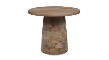 Ronde bijzettafel Timo van mangohout met uniek design en stevige voet, zijaanzicht.