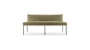 Baenks eetkamerbank Via Maggio in olive leder met zwart metalen poten, vooraanzicht