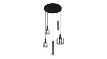 Hanglamp Mataro met een ronde zwarte plafondplaat, vijf hangende lampen met matzwarte metalen en verchroomde glazen elementen.