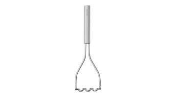 Brabantia pureestamper met een volledig roestvrijstalen ontwerp, rechtopstaand weergegeven.