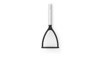 Brabantia non-stick pureestamper met een stevige roestvrijstalen handgreep en krasvrije nylon pureerkop, rechtopstaand weergegeven.