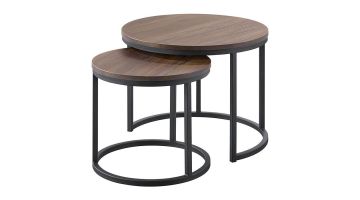 Set van twee ronde salontafels Budrio van Profijt Meubel met melamine bladen en zwart metalen onderstel, eenvoudig en stijlvol design.