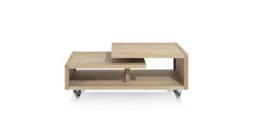 Salontafel Nystead van Henders & Hazel in natuurlijke eiken kleur met open vakken, matte platinumlak en wieltjes.