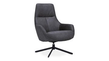 Elegante draaifauteuil in donkergrijs microleder met 4-teens zwart metalen draaipoot, zijaanzicht.